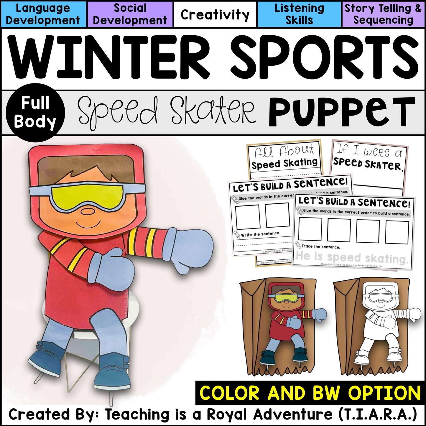 Winter Sports Paper Bag Puppet Templates and Writing Activities BUNDLE