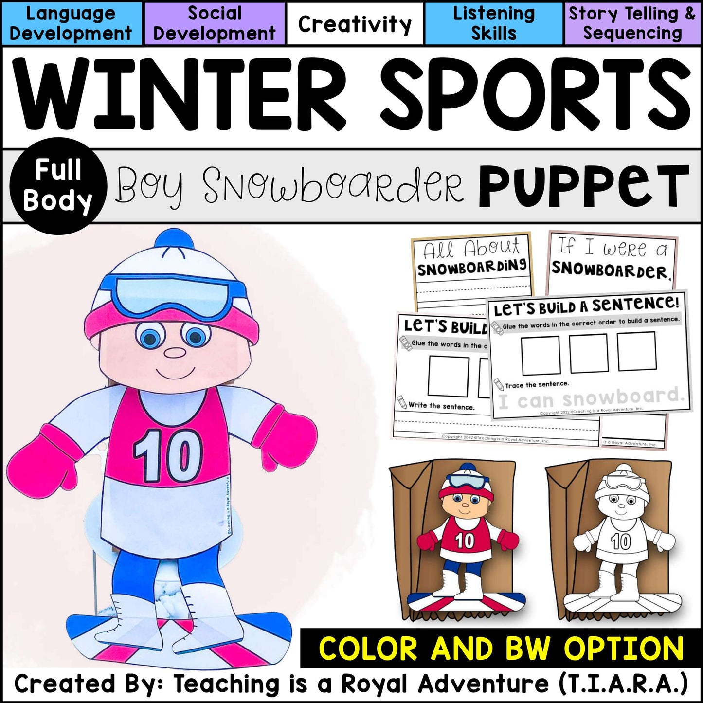 Winter Sports Paper Bag Puppet Templates and Writing Activities BUNDLE