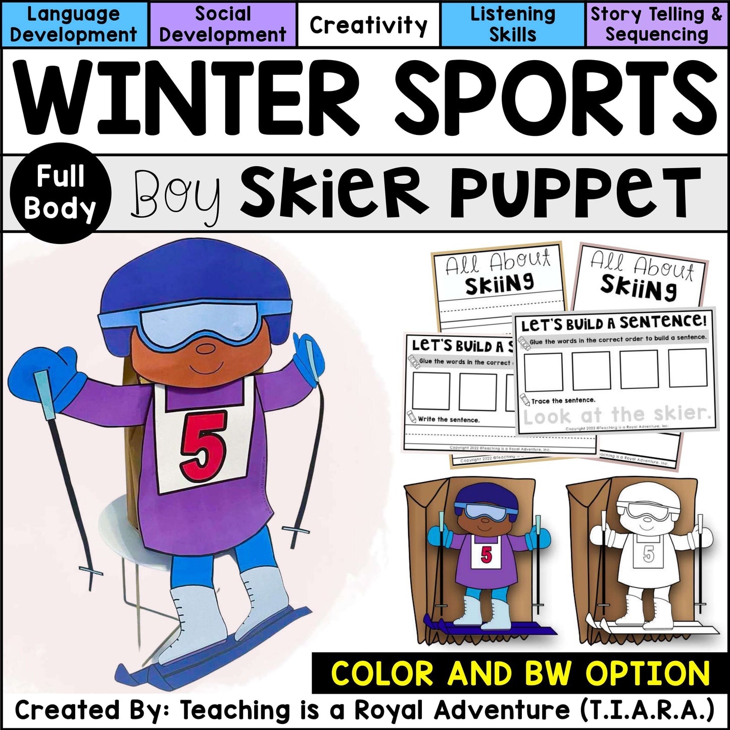 Winter Sports Paper Bag Puppet Templates and Writing Activities BUNDLE