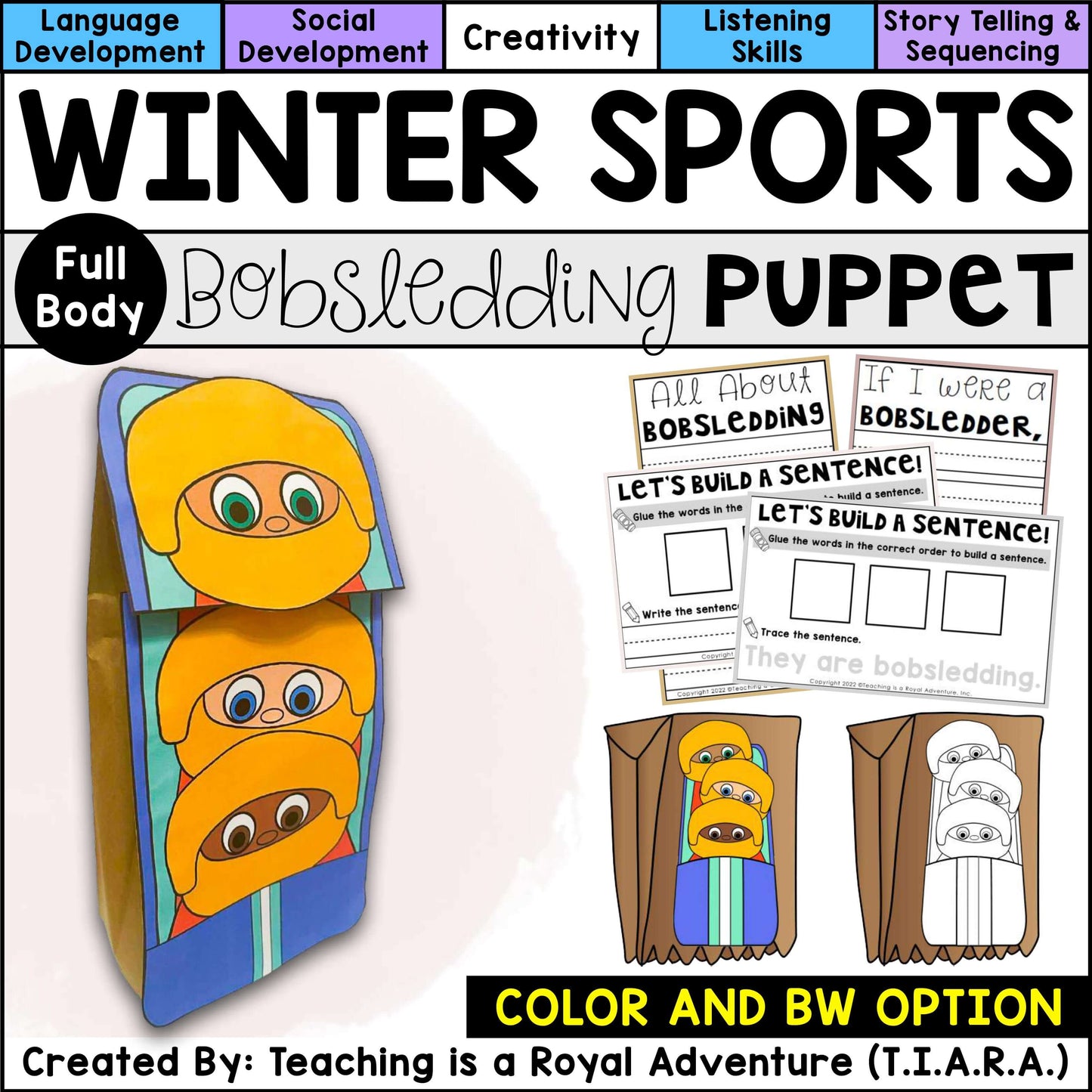 Winter Sports Paper Bag Puppet Templates and Writing Activities BUNDLE